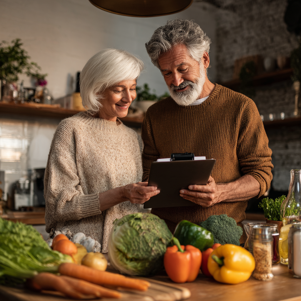 mature woman and man planning healthy meals together in kitchen