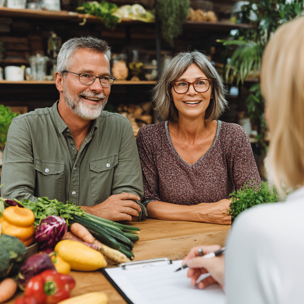 nutritionist consulting middle-aged couple about healthy eating habits
